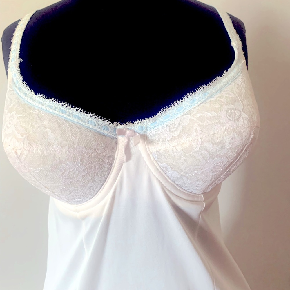 34D vintage 1960s white nylon wonder bra slip with lace cups and underwire